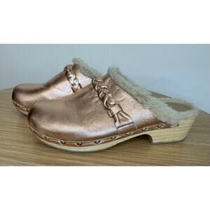 Anthropologie Pilcro Bronze Gold Sherpa Fur Lined Clogs Size 10 Leather Mule